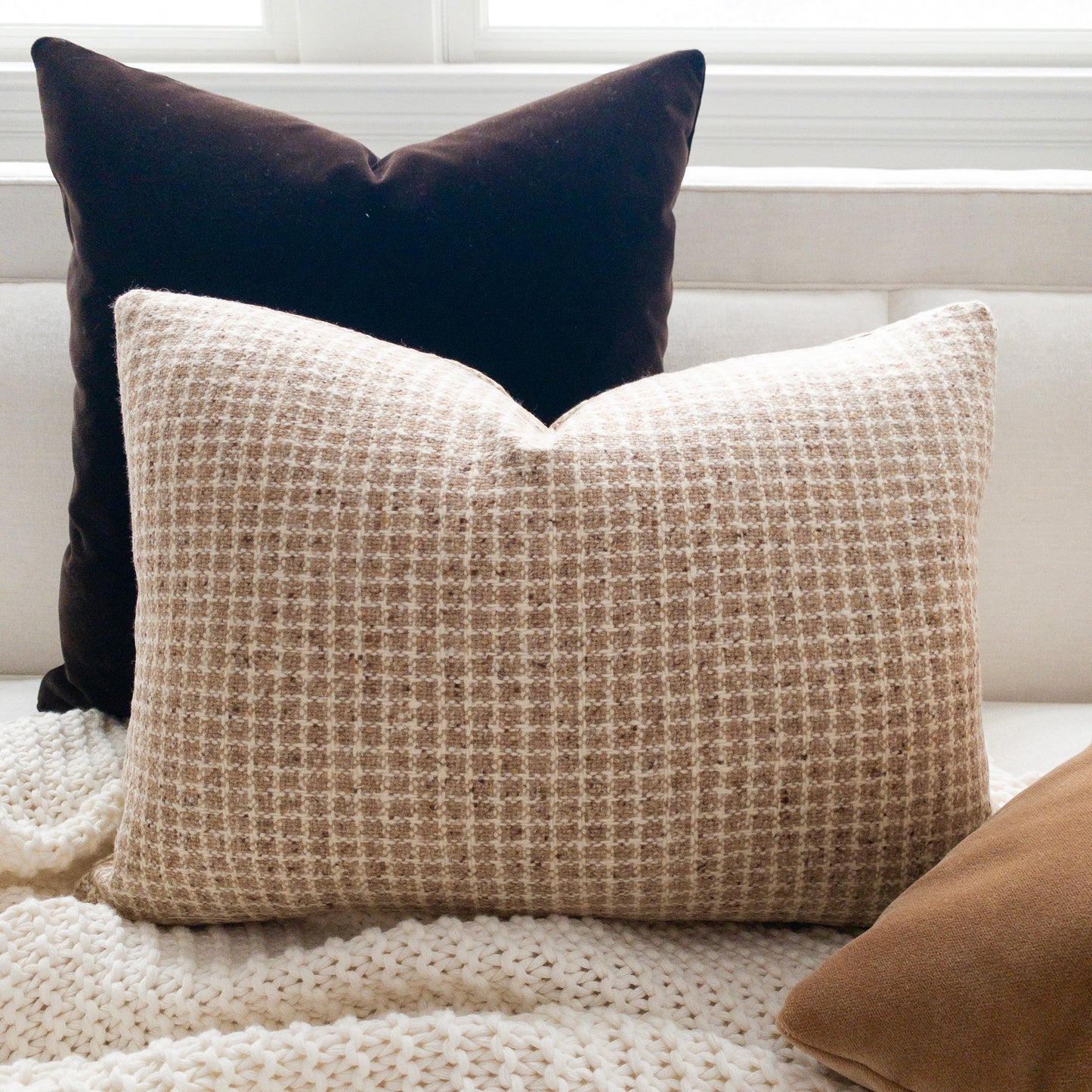 Wool Check Pillow Cover - Camel