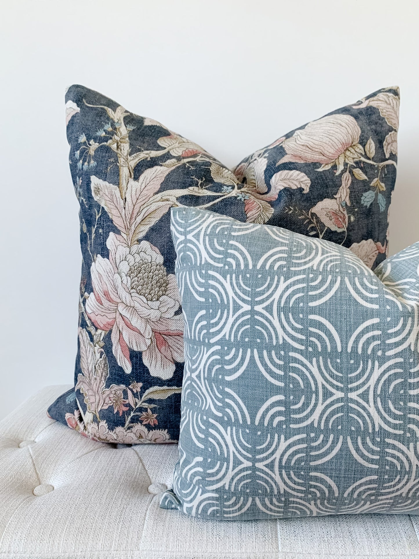 Indigo Blue and Blush Floral Pillow Cover