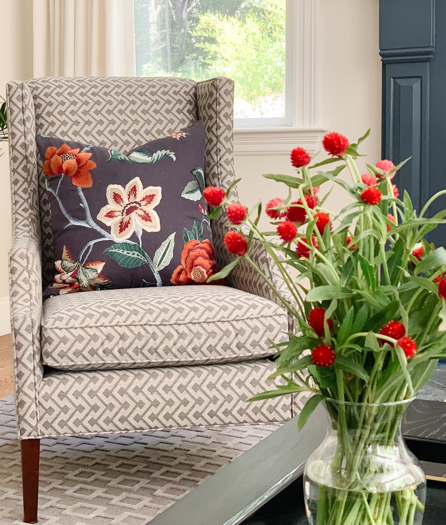Floral linen pillow cover - Amber/Ink