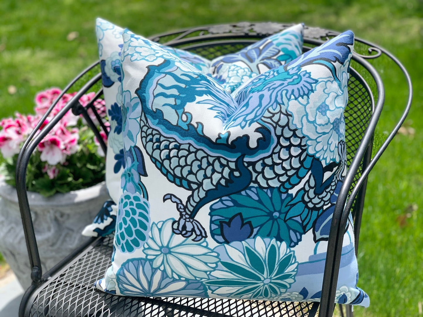 Chaing Mai Dragon Outdoor Pillow - China Blue