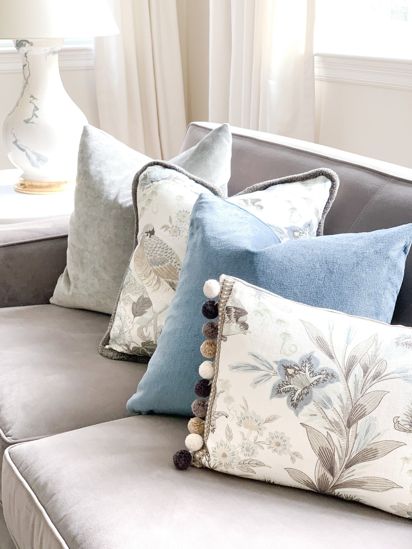 Shenyang Linen Print Pillow with Pom-Pom Braid