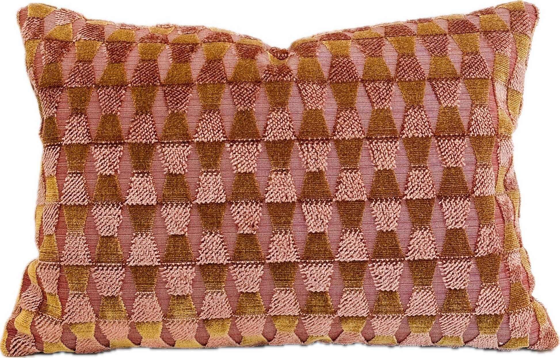 Decorative pillow with geometric pattern in pink and brown on a white background