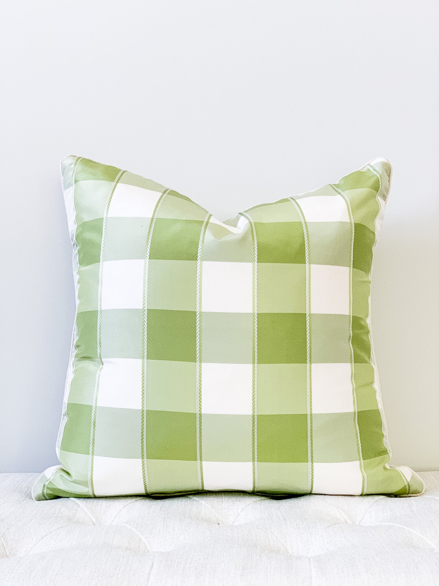 Green and white plaid silk pillow with soft white micro trim.  Double sided with zipper enclosure at bottom.