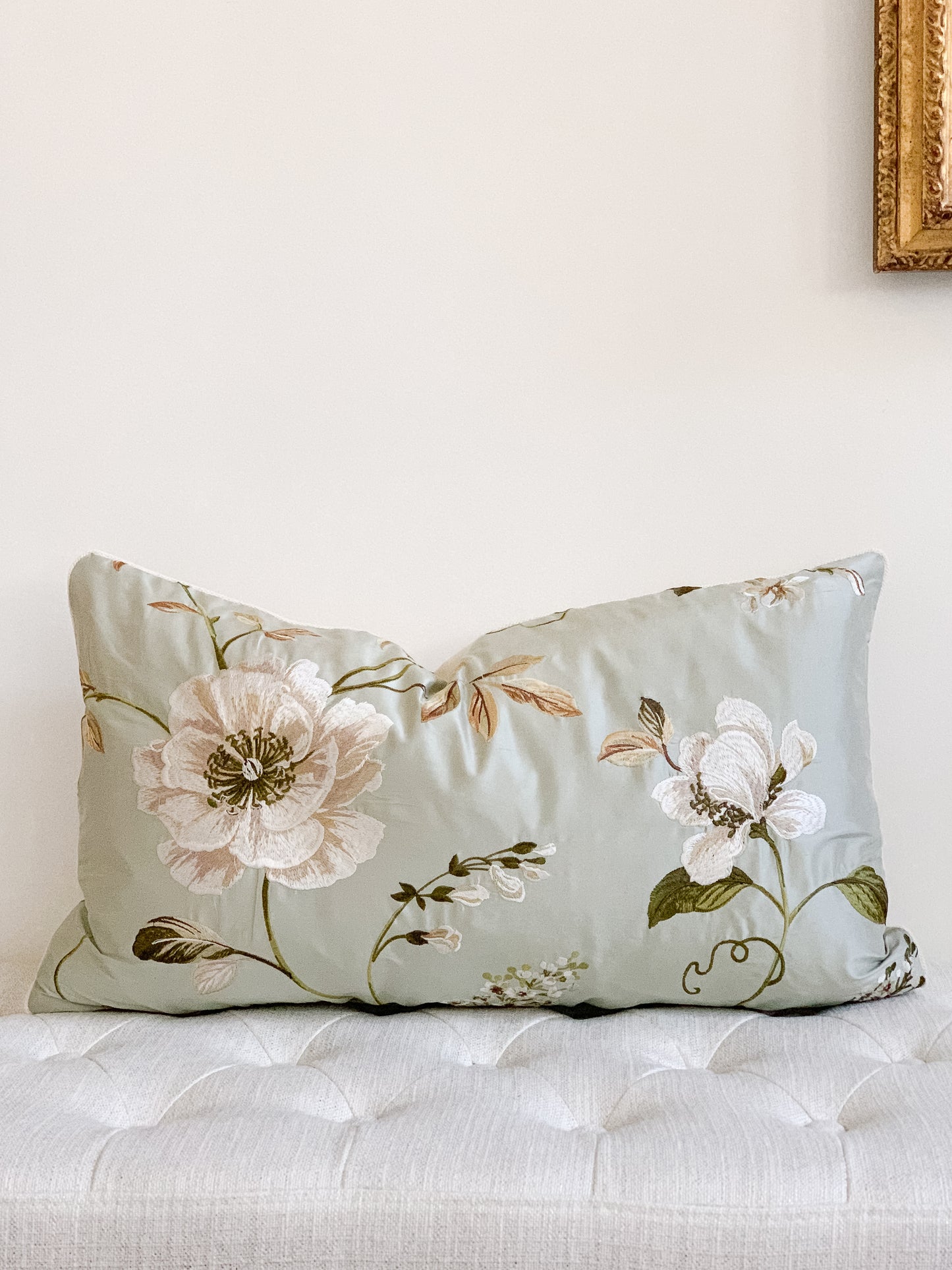 Embroidered silk floral pillow cover