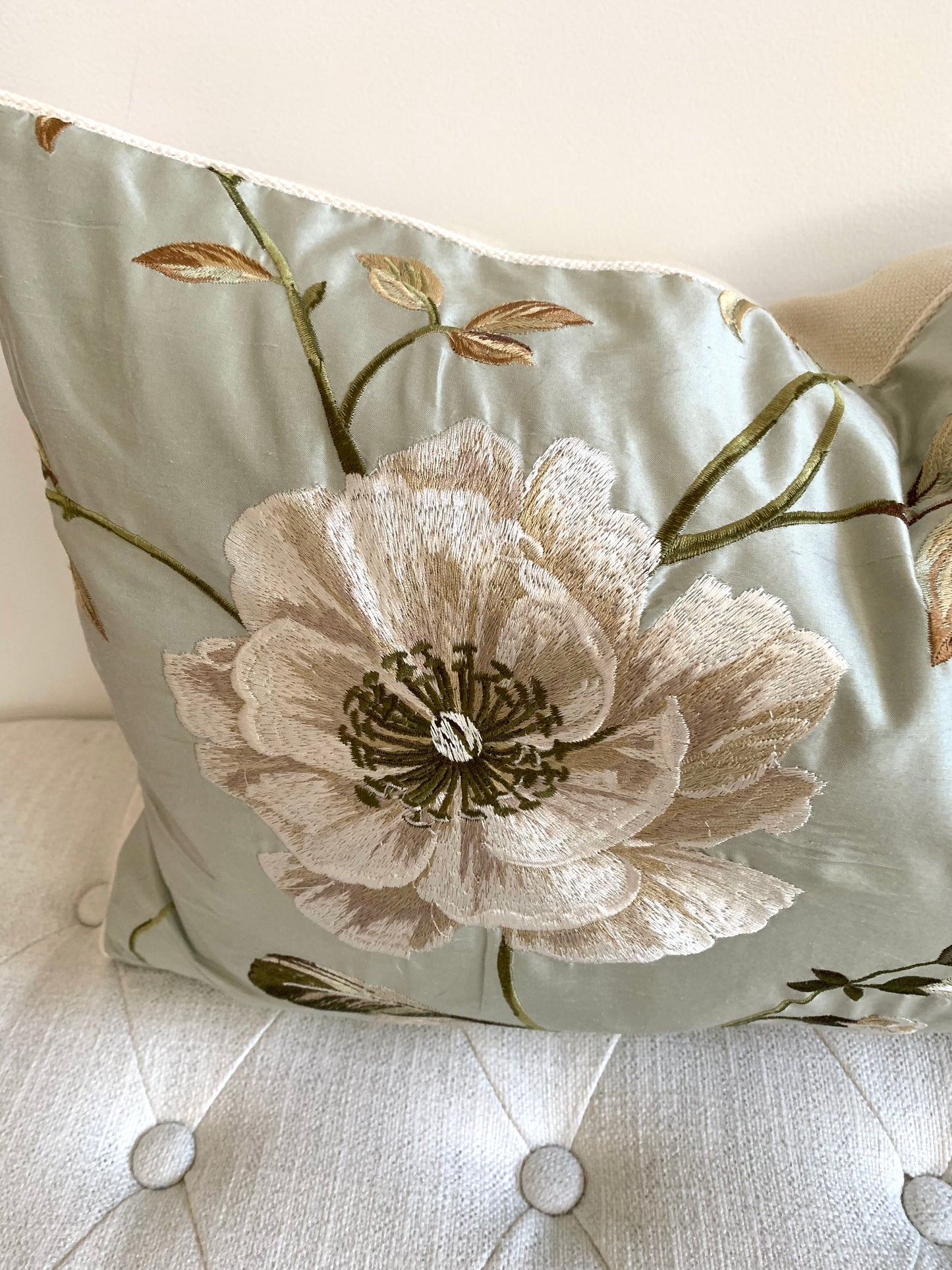 Embroidered silk floral pillow cover