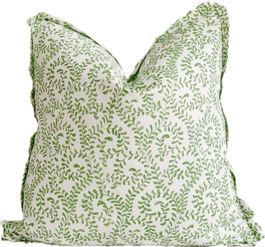 Square decorative pillow with flange.  Green vine motif on a white background.