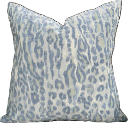 Square decorative pillow with leopard motif.  Shades of light blue, pale green and a bit of white.  Printed on cotton linen blend fabric.