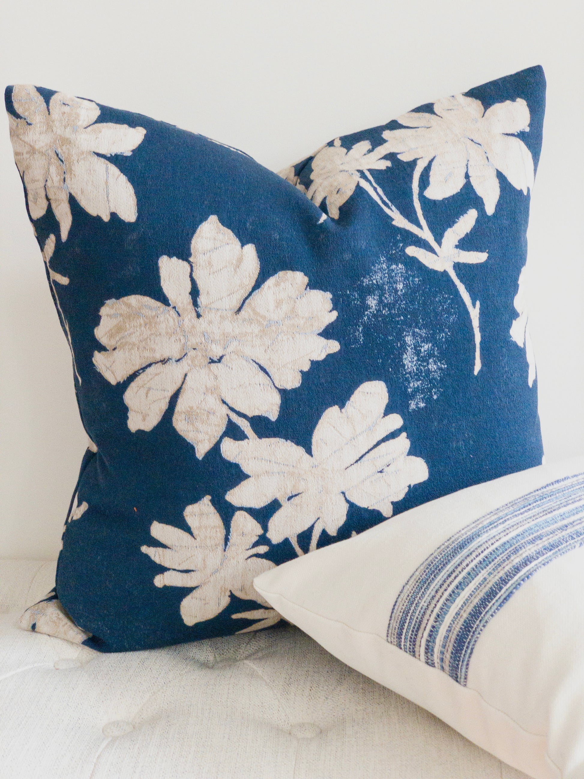 Indigo blue batik floral designer pillow