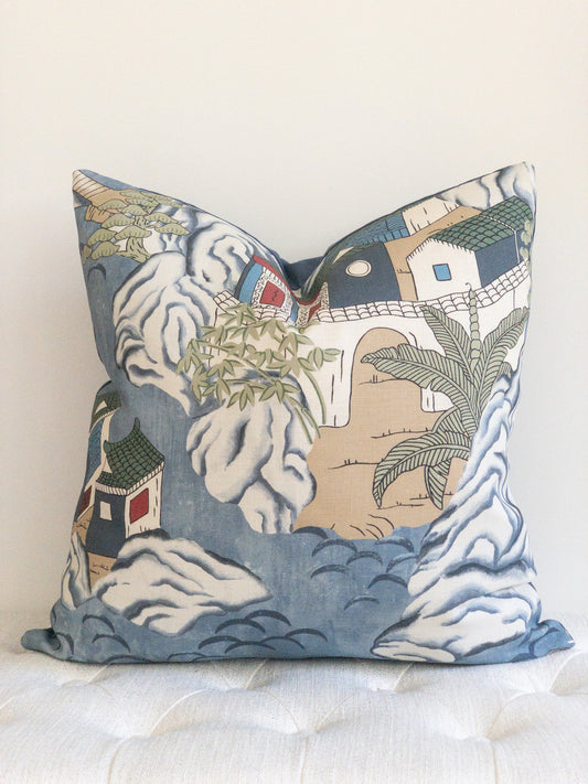 Chinoiserie pillow with teahouses and plants