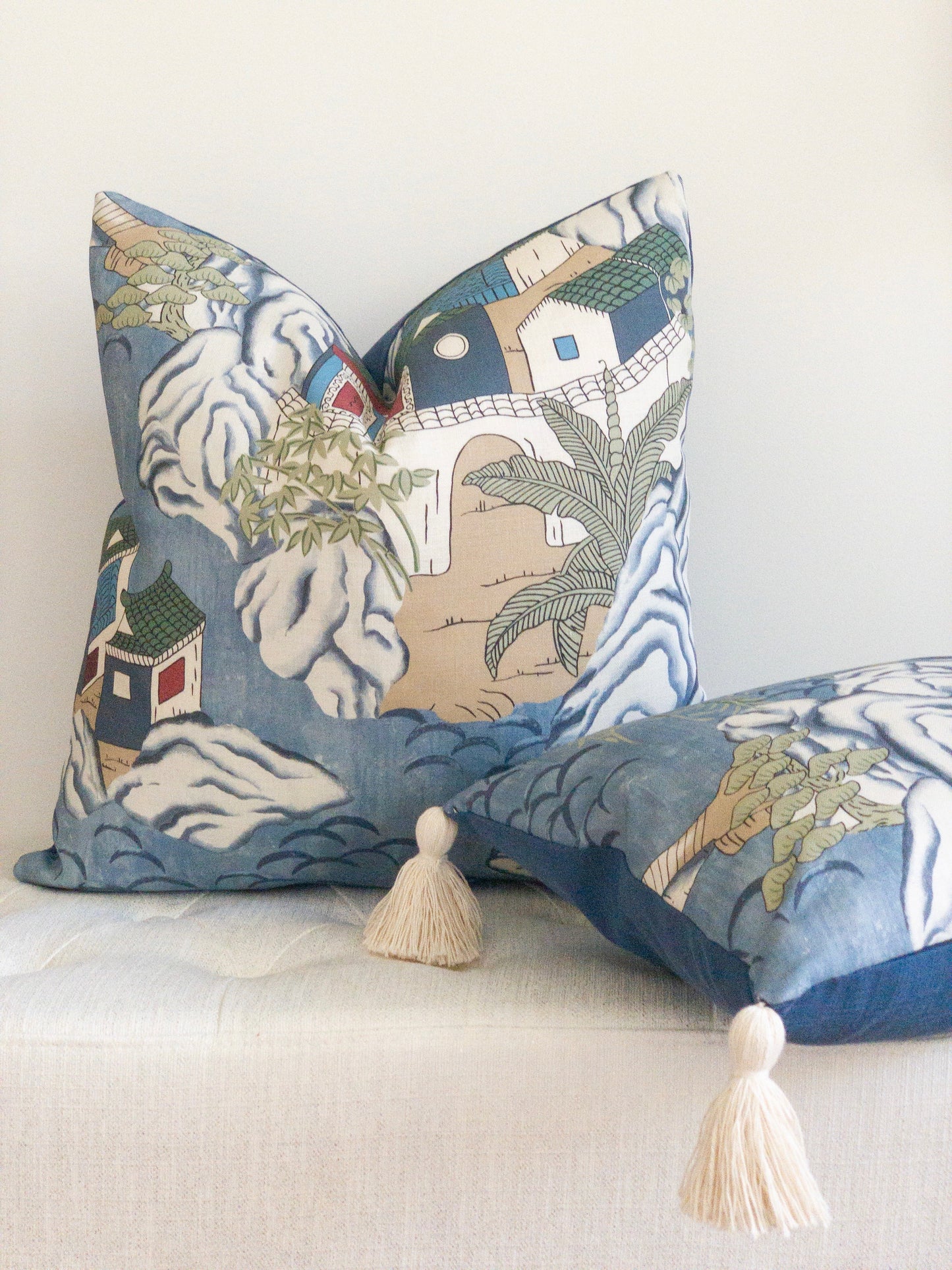 Chinoiserie designer pillow in square and lumbar with tassels