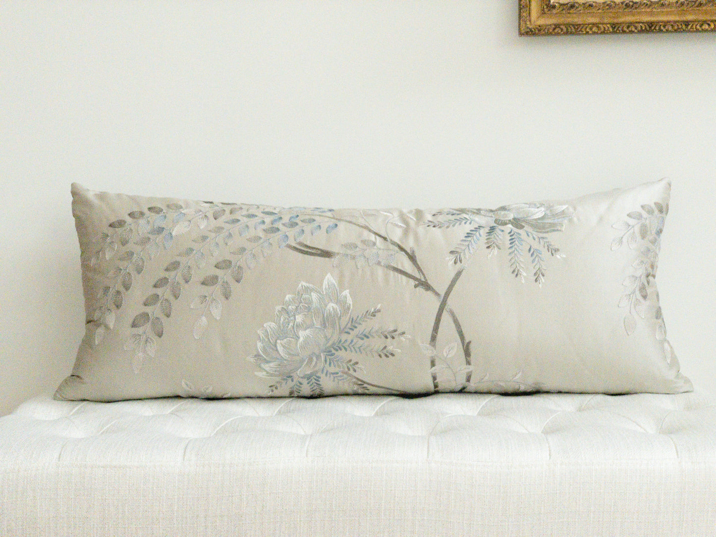Blue and silver silk floral long lumbar pillow