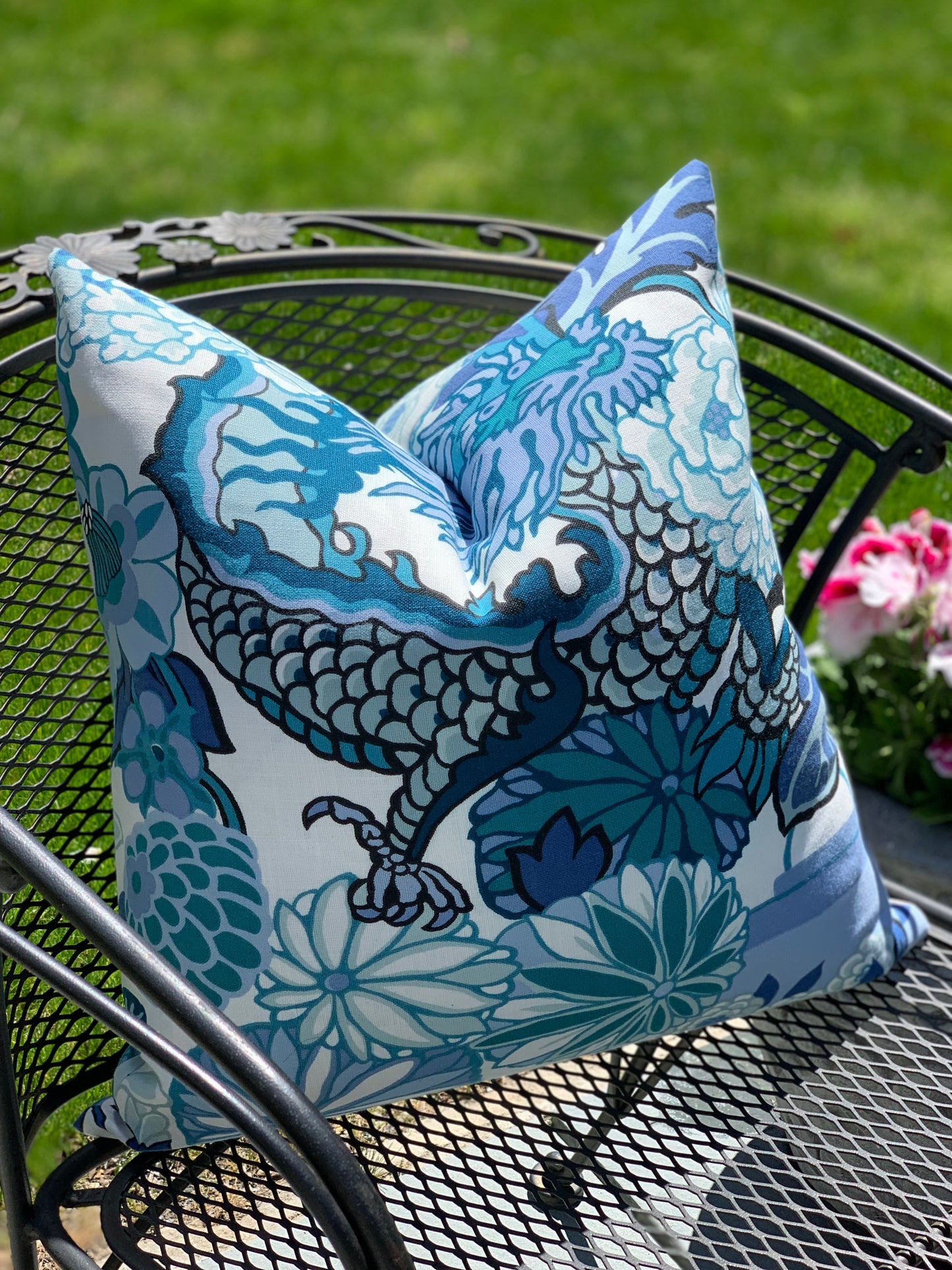 Chaing Mai Dragon Outdoor Pillow - China Blue