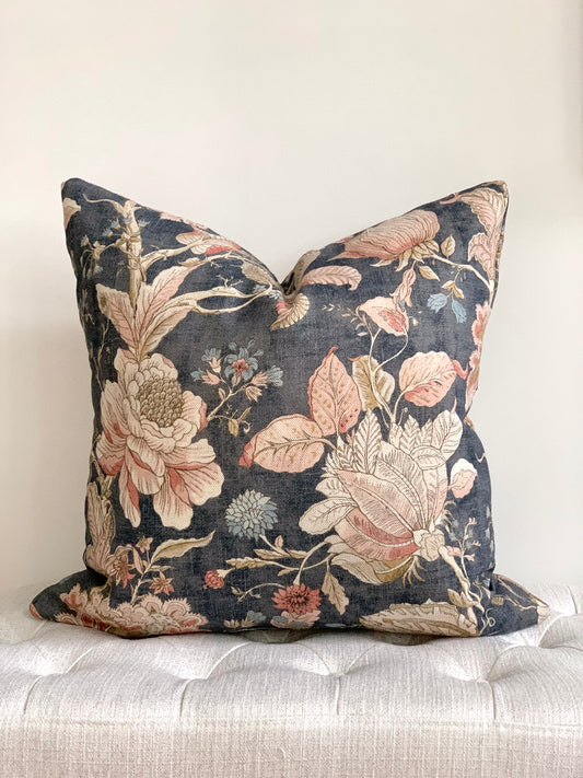 indigo blue with blush pink floral designer pillow