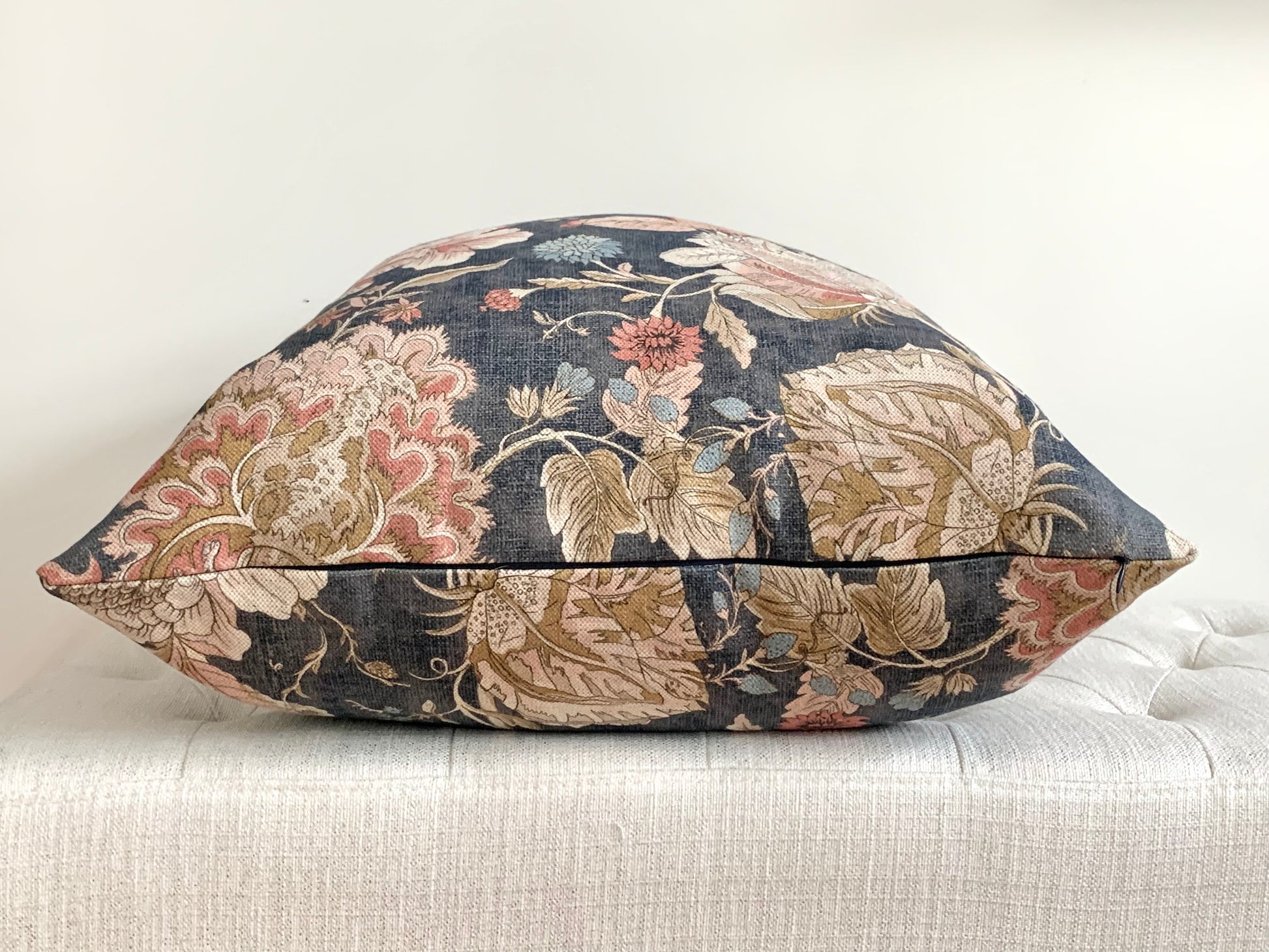 double sided indigo and blush pink decorative pillow with invisible zipper closure at bottom