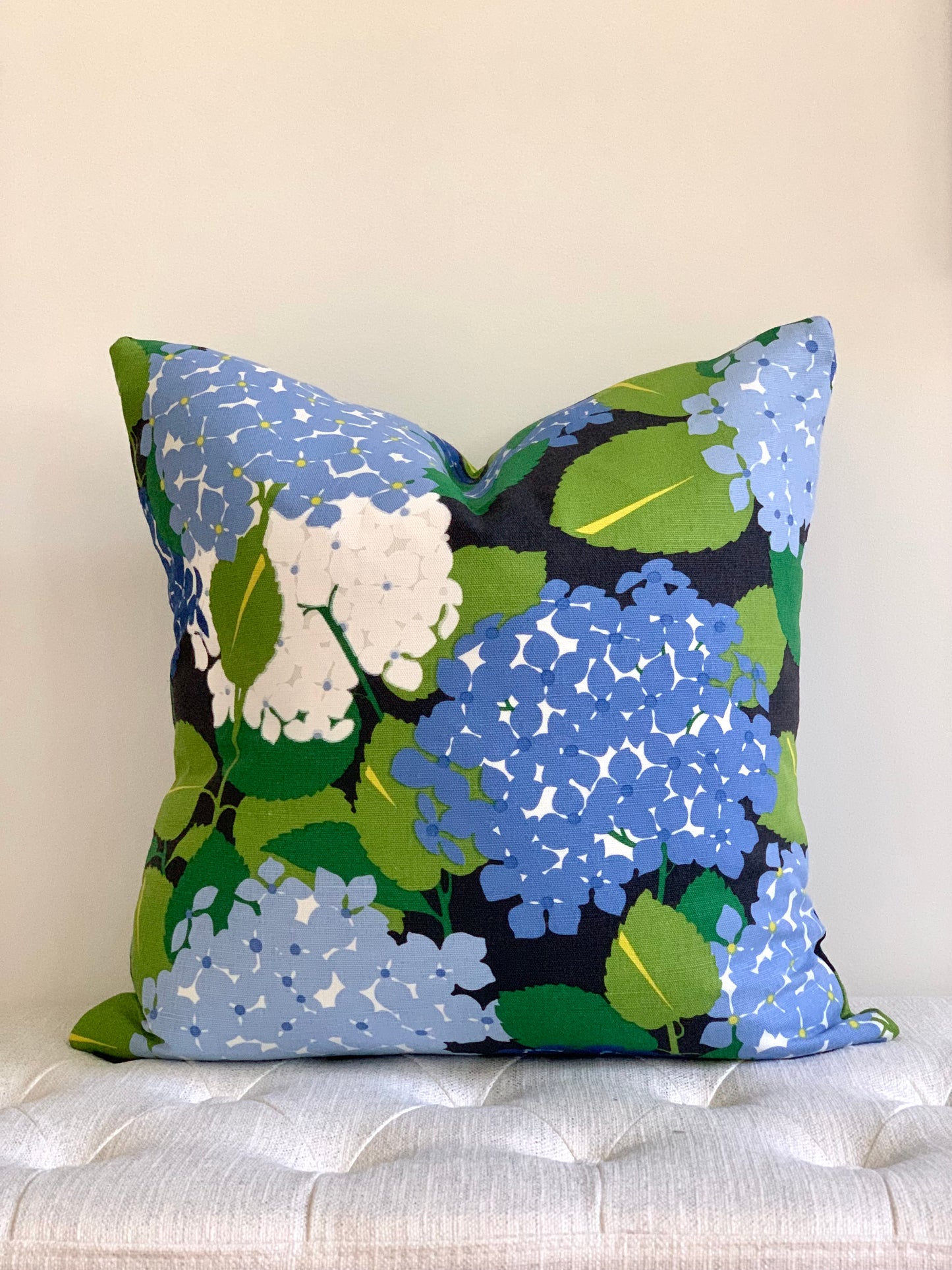 Hydrangea floral designer pillow in blue, purple and green