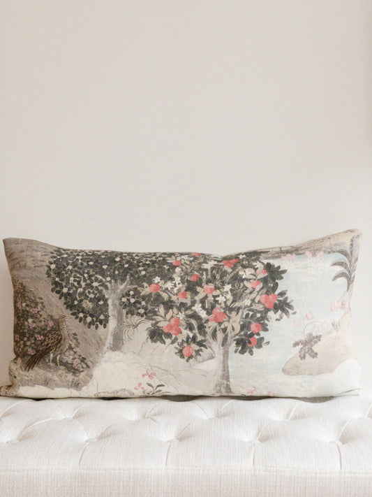 Long linen lumbar pillow cover with tree and bird motif