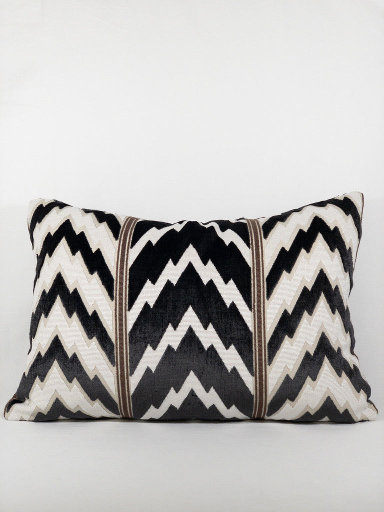 Black and white cut velvet lumbar pillow with Schumacher fabric
