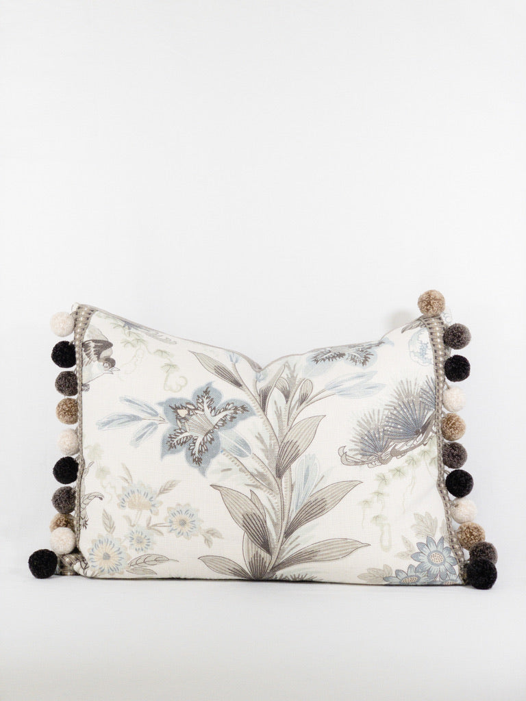 Shenyang Linen Print Pillow with Pom-Pom Braid