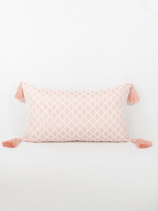 Blush pink ikat lumbar pillow with tassels, Designer likat umbar pillow