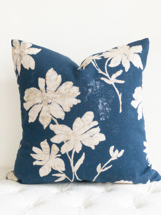 Indigo blue batik floral decorative pillow