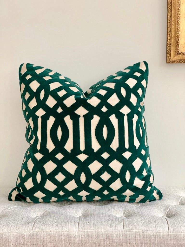 Imperial trellis cut velvet pillow in peacock color