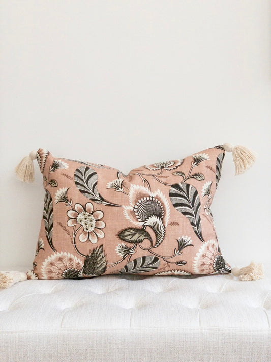 Blush pink floral designer throw pillow with tassels