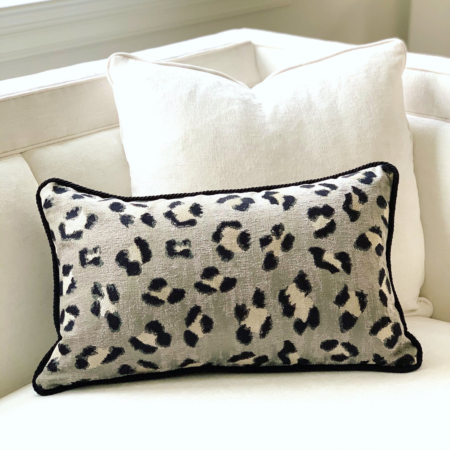 Scalamandre Broderie Leopard, pillow cover with trim, animal print cushion, grey and black pillow cover, accent pillow , throw pillow